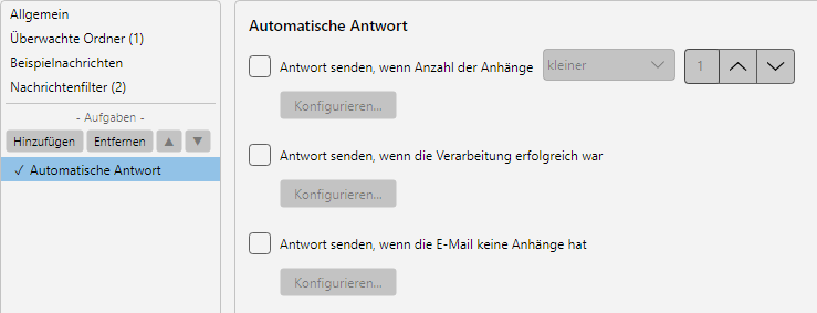 Profileinstellungen, Aufgabe Automatische Antwort: Antworttext-Editor, Sender-Konto, Anhang-Auswahl und Wiederholungs-Bedingungen