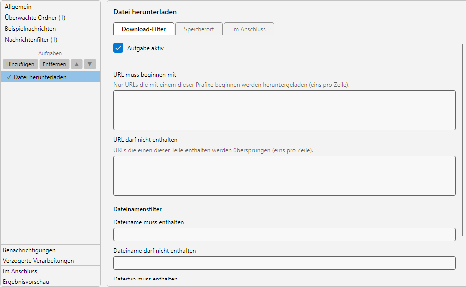 Profileinstellungen, Aufgabe Herunterladen: URL-Pattern-Editor, Zielpfad mit Platzhaltern und Filter fuer externe Inhalte