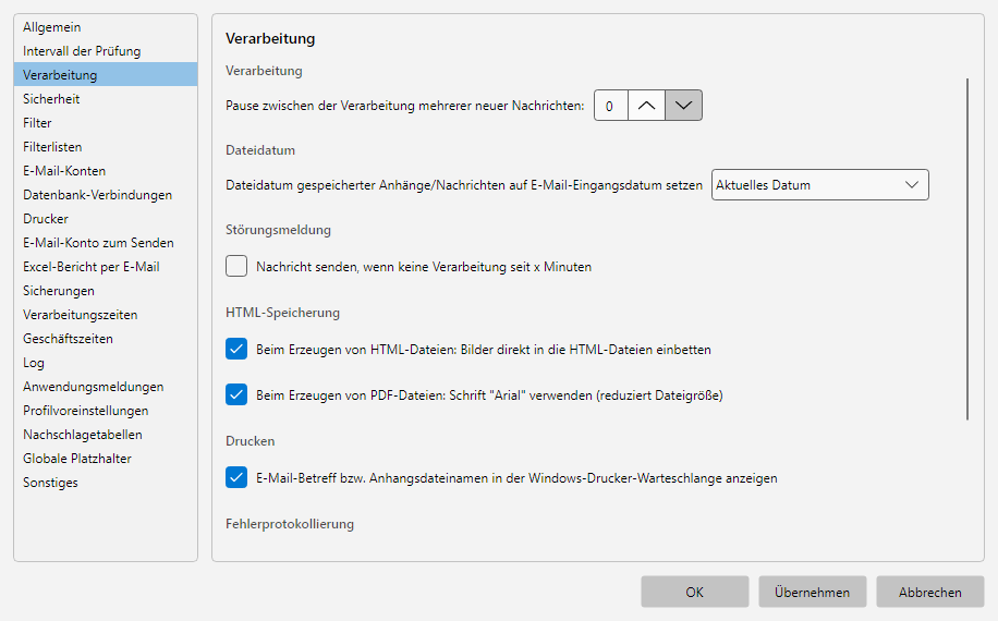 Programmoptionen, Bereich Verarbeitung: Parallelitaets-Schalter, Wiederholungs-Logik bei Fehlern und Cancel-Verhalten