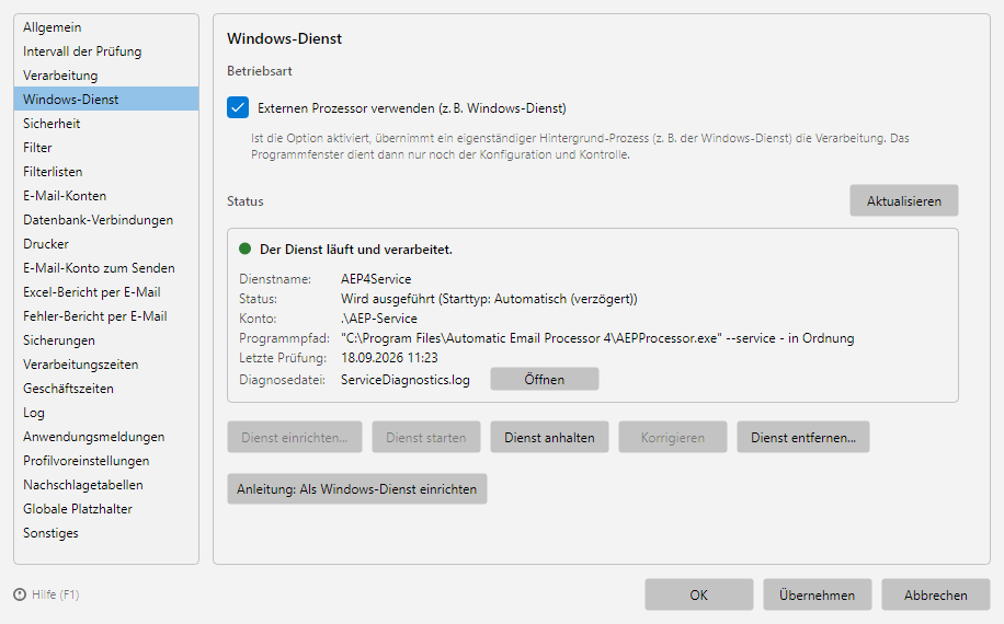 Programmoptionen, Seite Windows-Dienst: Betriebsart-Option “Externen Prozessor verwenden”, Status-Bereich mit Dienstname, Konto und Programmpfad sowie Aktionen zum Einrichten, Starten, Anhalten und Entfernen des Dienstes