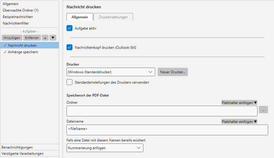 Aufgabe 'Nachricht drucken' - Druckeinstellungen