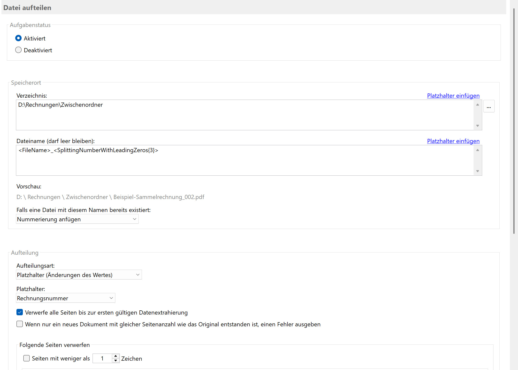 Aufteilung nach Platzhalter (Wertänderung)