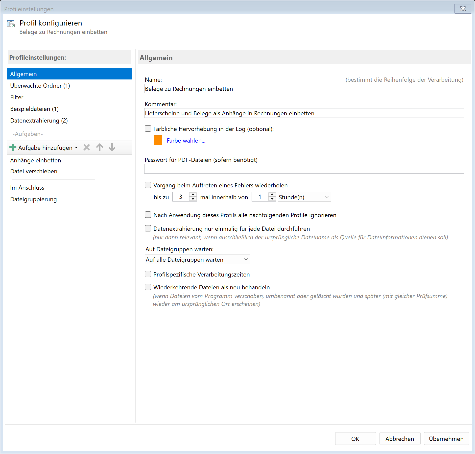 Profil Belege einbetten