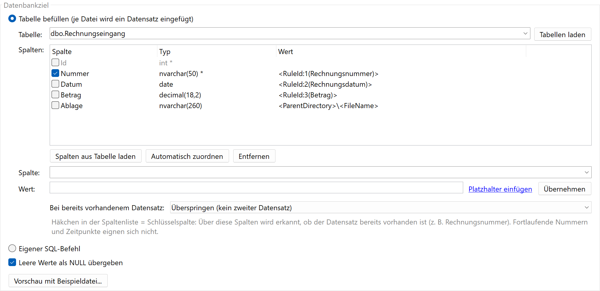 Datenbankziel: Tabelle befuellen mit Spaltenzuordnung