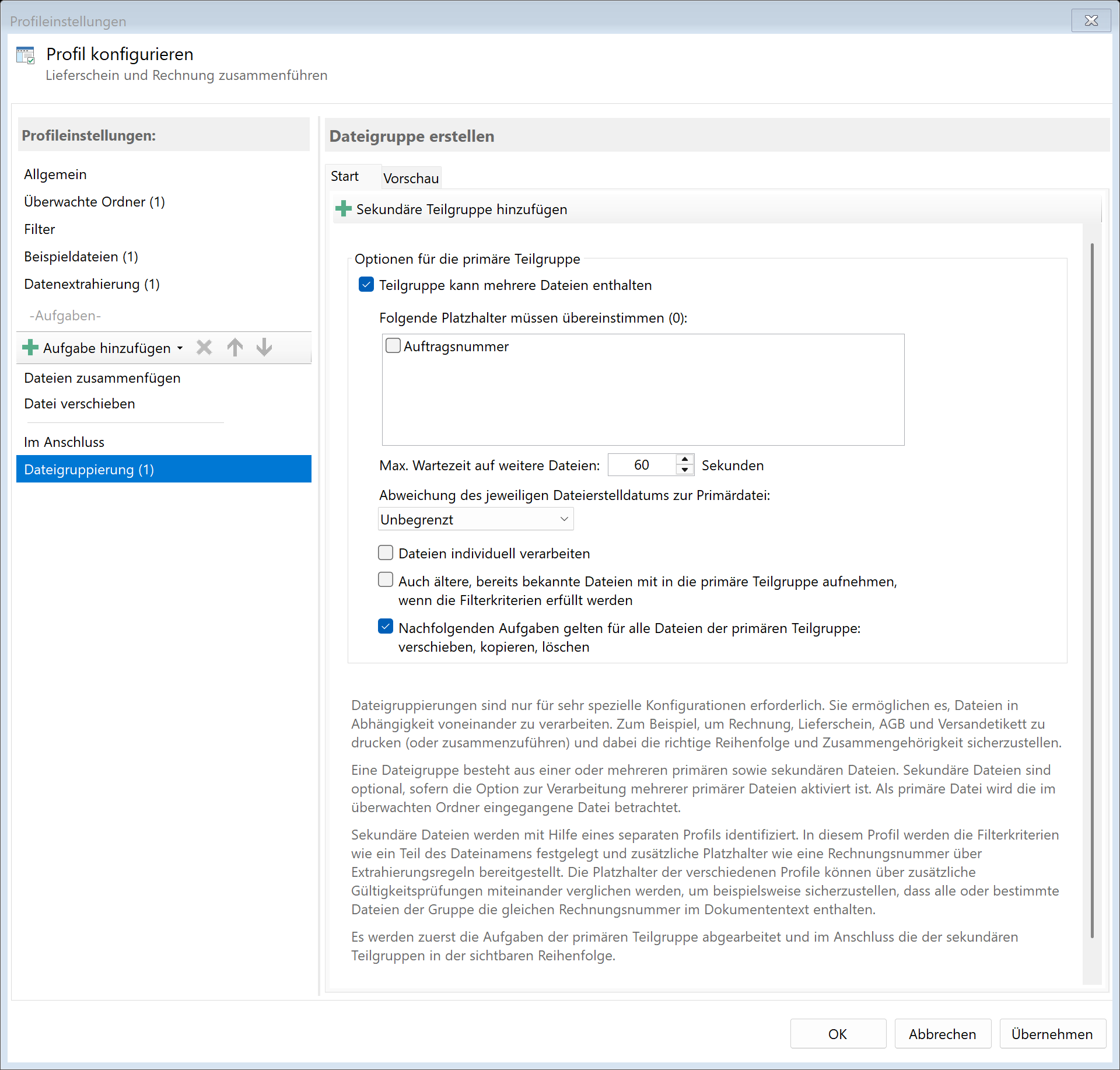 Dateigruppierung konfigurieren