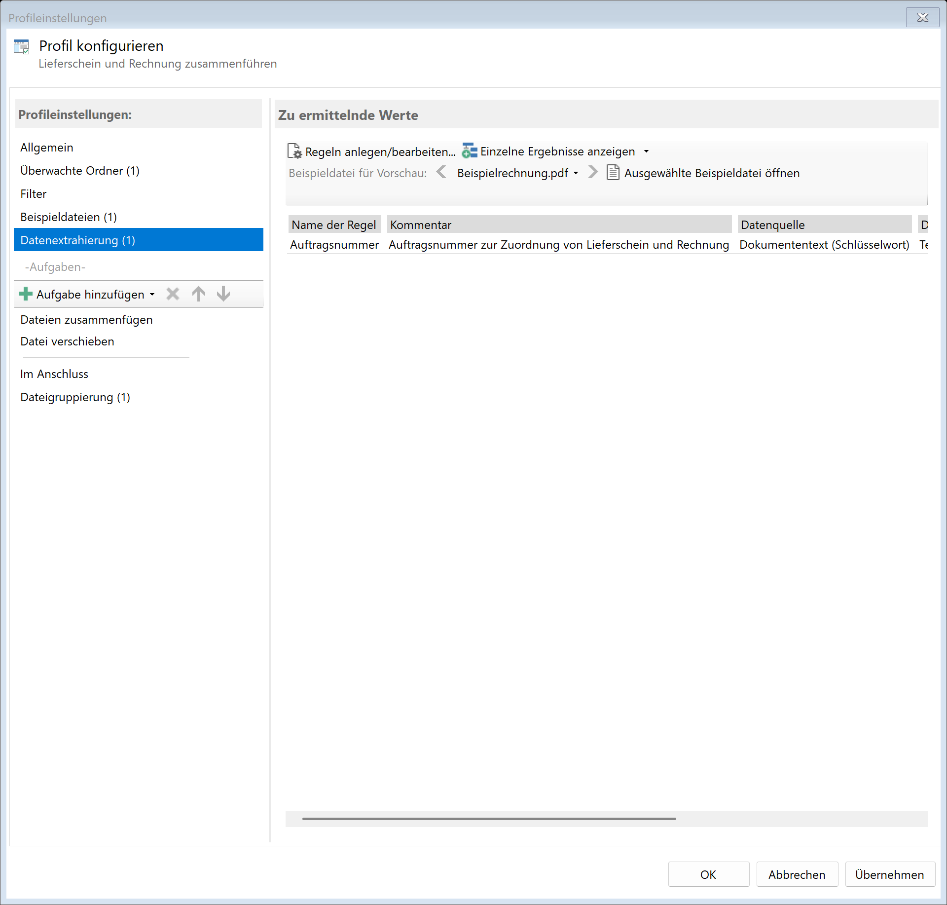 Extrahierungsregel für Auftragsnummer