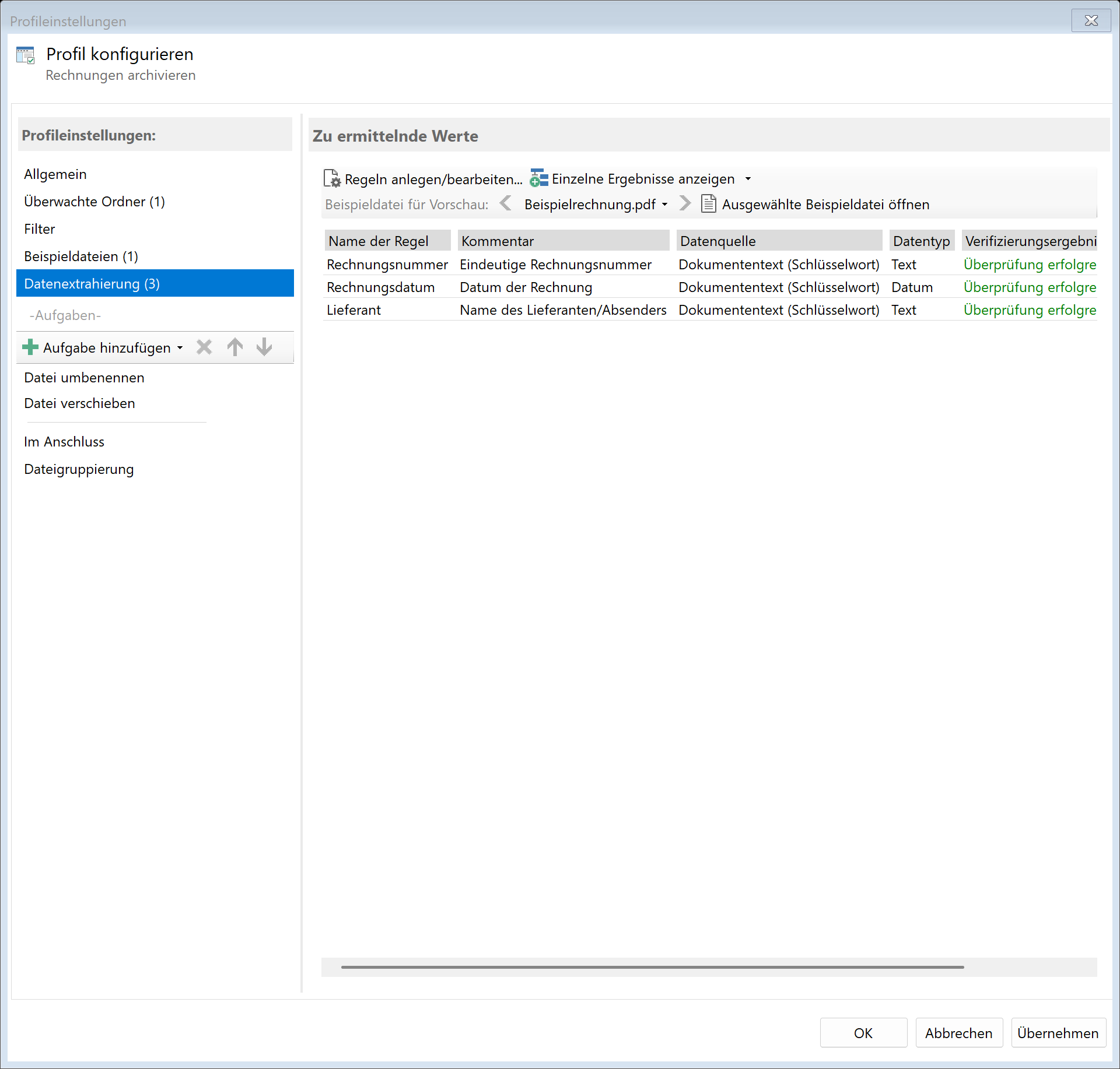 Extrahierungsregeln erstellen
