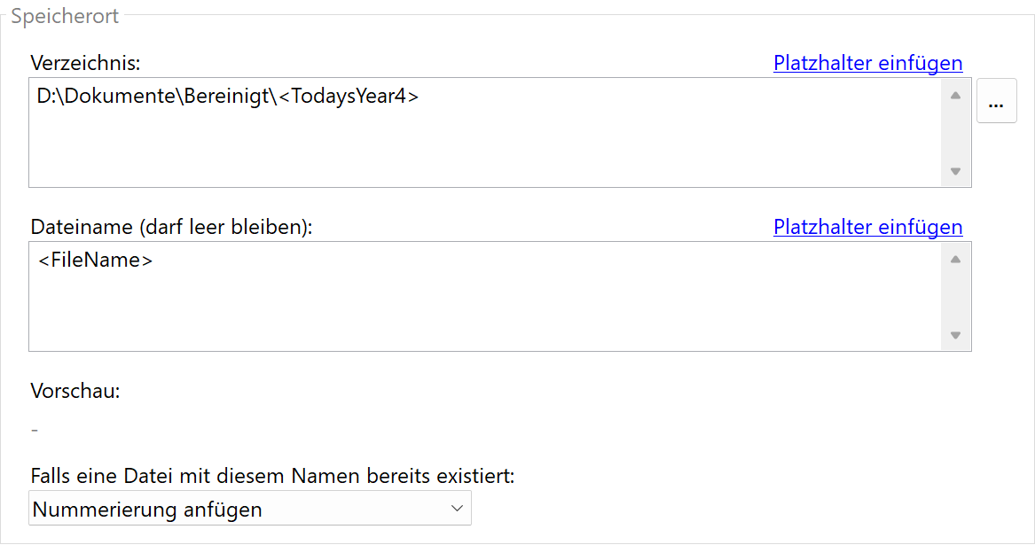 Speicherort für bereinigte Dokumente
