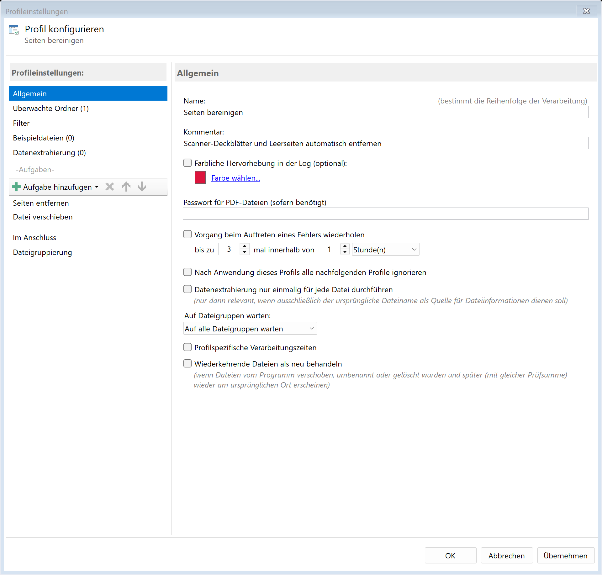 Profil Seiten bereinigen