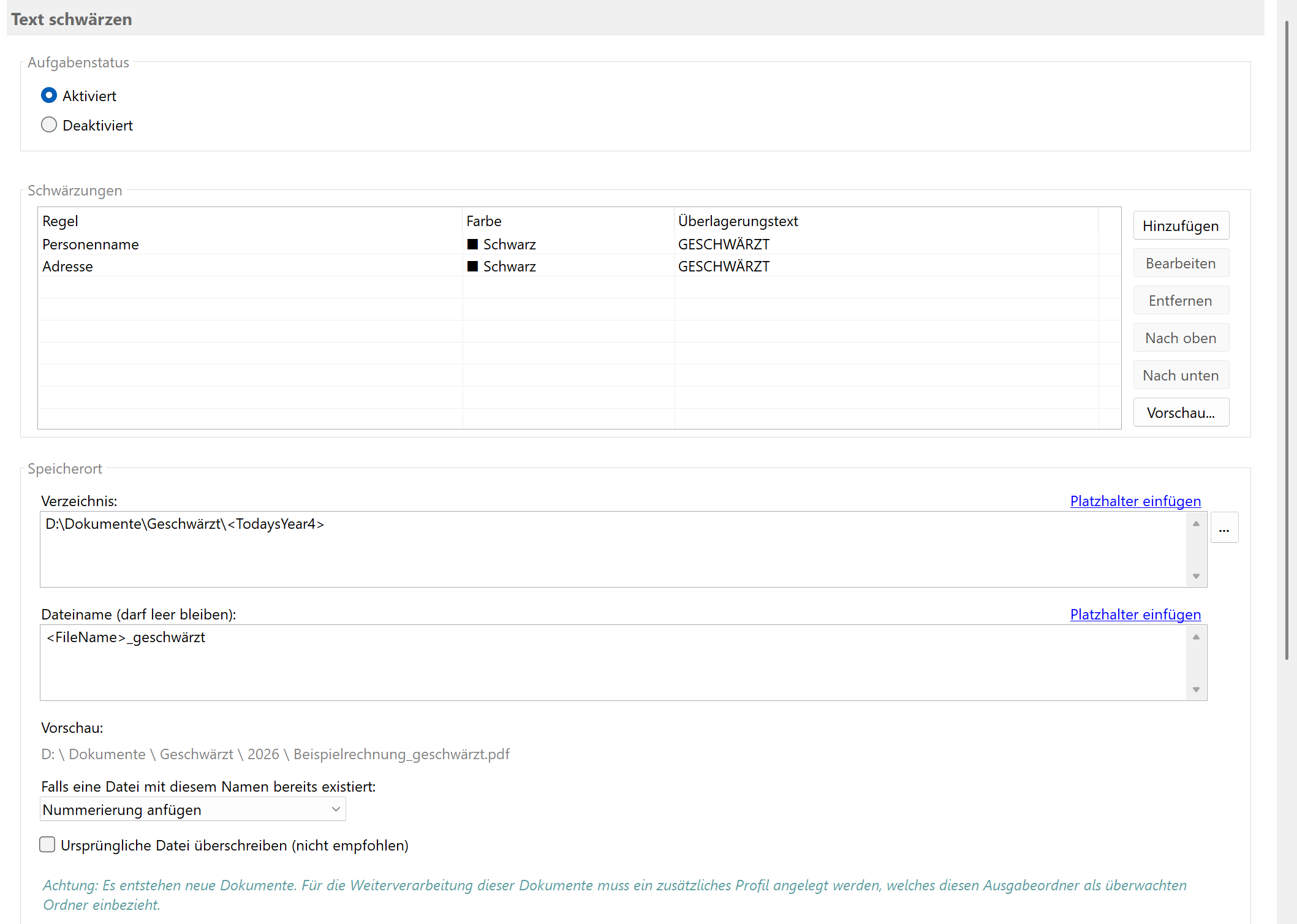 Aufgabe Text schwärzen
