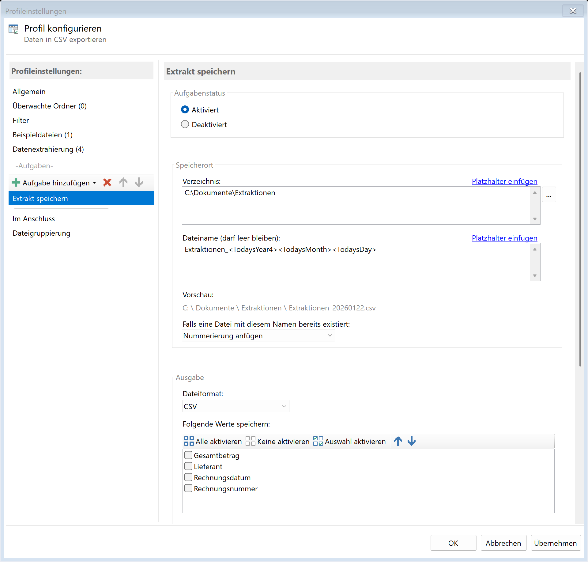 Aufgabe: Extraktionen speichern