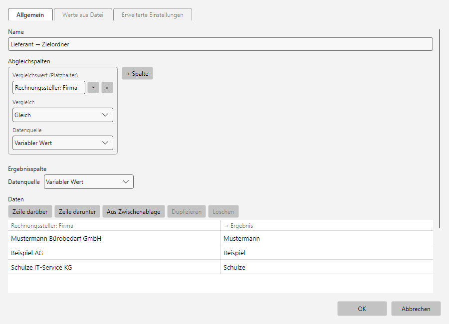 Editor einer Nachschlagetabelle mit Datenbereich und CSV-Optionen