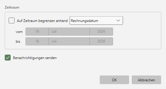 Dialog Nachverarbeitung mit Profilliste, Zeitraum-Begrenzung und Benachrichtigungs-Option