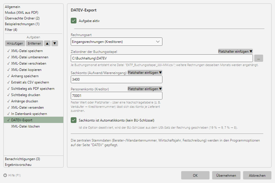 Aufgabe DATEV-Export mit Rechnungsart, Zielordner und Kontenfeldern