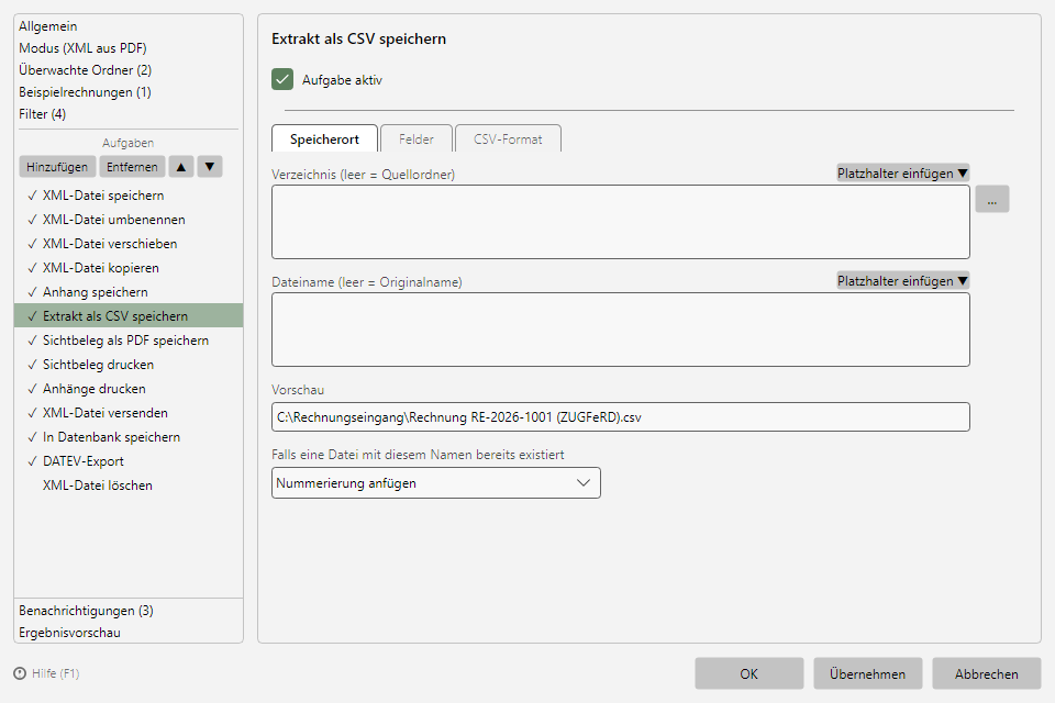 Aufgabe Extrakt als CSV speichern mit den Registerkarten Speicherort, Felder und CSV-Format