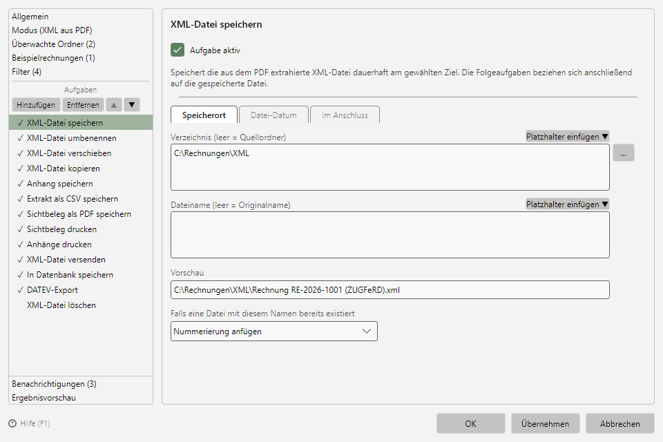 Aufgabe XML-Datei speichern mit den Registerkarten Speicherort, Datei-Datum und Im Anschluss
