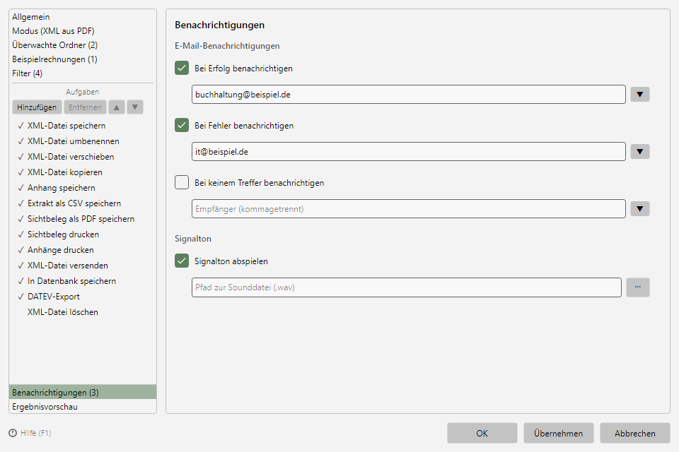 Profileinstellungen, Bereich Benachrichtigungen mit E-Mail-Benachrichtigungen und Signalton