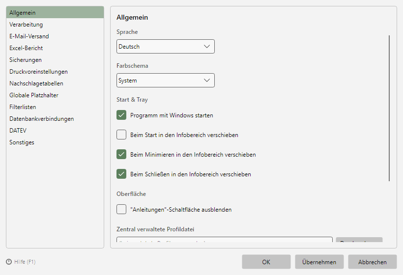 Programmoptionen, Seite Allgemein mit Start- und Infobereichsoptionen