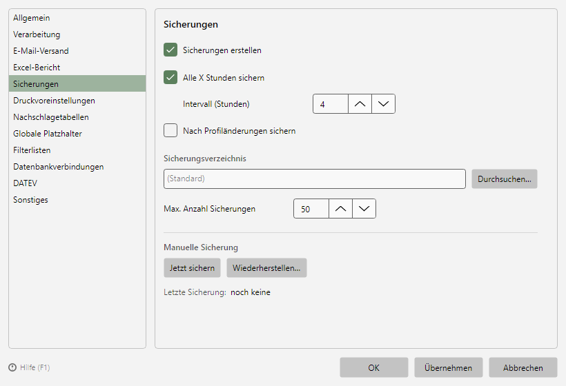 Programmoptionen, Seite Sicherungen