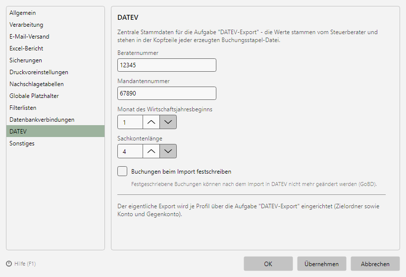 Programmoptionen, Seite DATEV