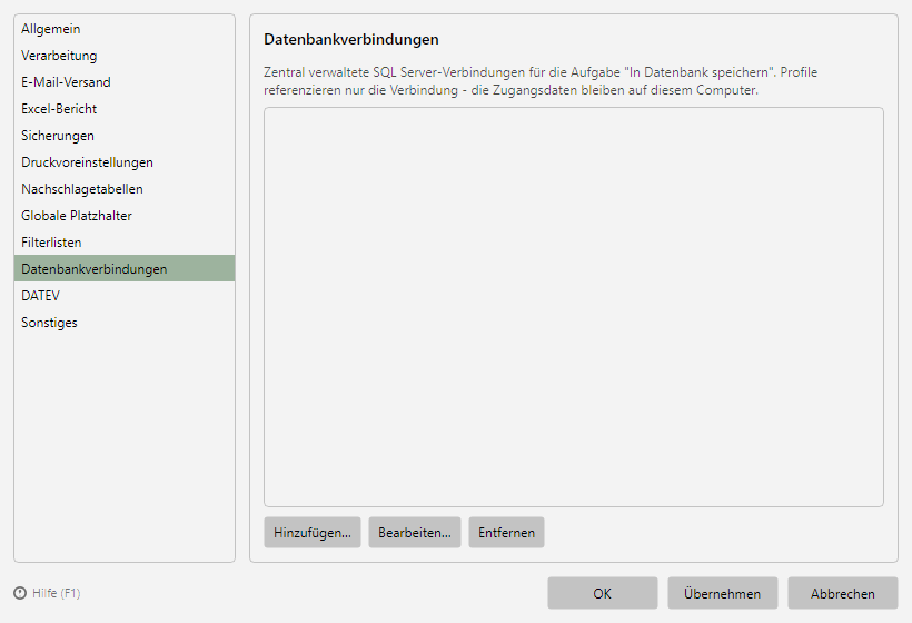 Programmoptionen, Seite Datenbankverbindungen