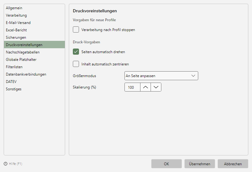Programmoptionen, Seite Druckvoreinstellungen
