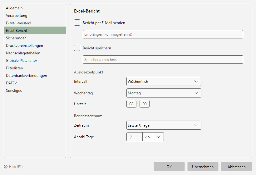 Programmoptionen, Seite Excel-Bericht
