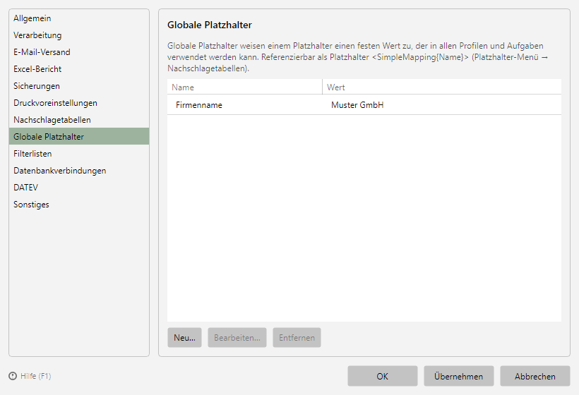 Programmoptionen, Seite Globale Platzhalter