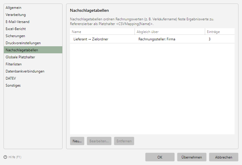 Programmoptionen, Seite Nachschlagetabellen