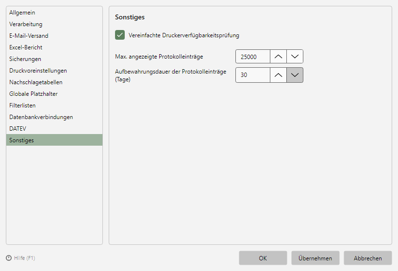 Programmoptionen, Seite Sonstiges