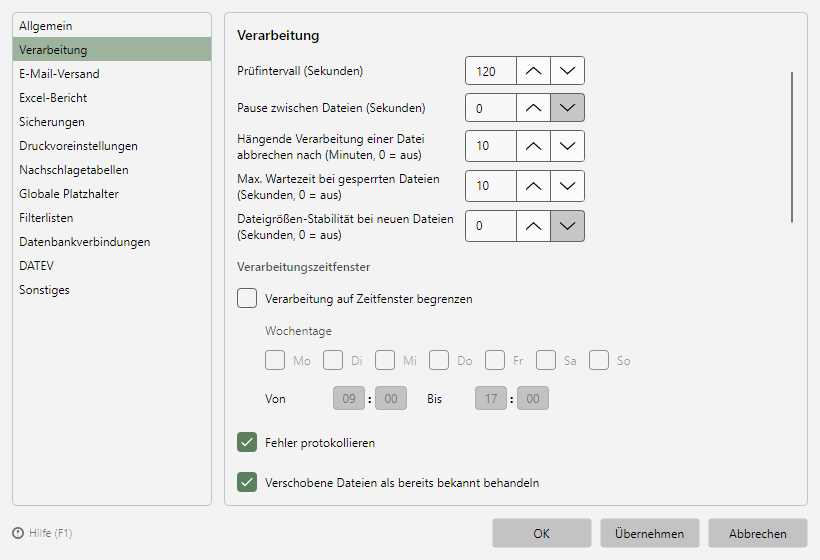 Programmoptionen, Seite Verarbeitung