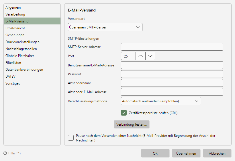 Programmoptionen, Seite E-Mail-Versand