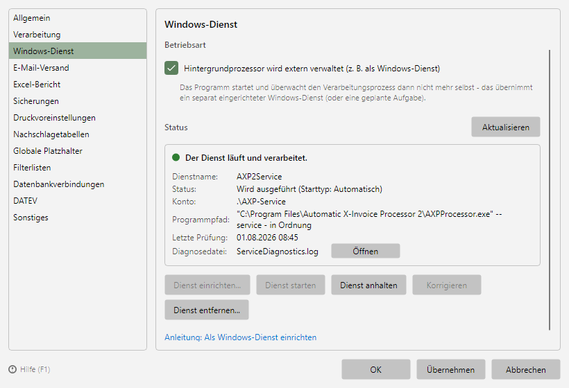 Programmoptionen, Seite Windows-Dienst