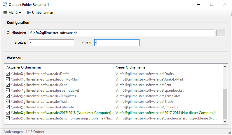 Outlook Folder Renamer - Programmoberfläche